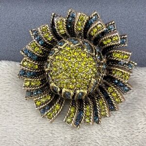 Vintage HAR Brooch Rhinestone Flower Gold Tone Signed Blue Green